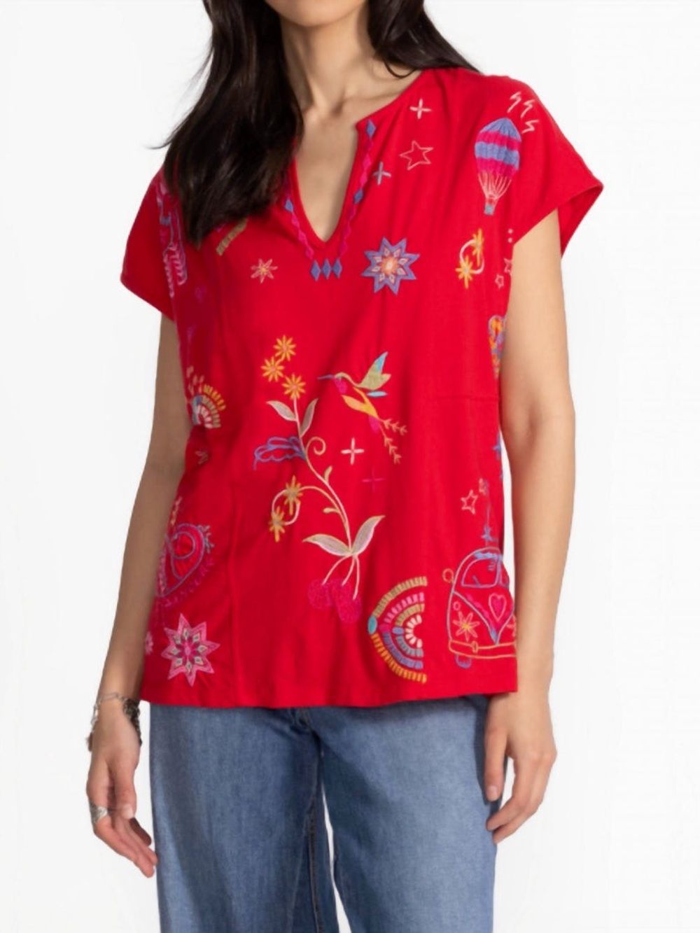 Johnny Was Red Embroidered Cotton Too/Blouse Size M